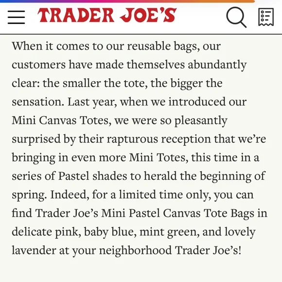LARGE Lavender 💜 Trader Joe’s Canvas Tote Bag 🎁 FREE TJ Comfort Foods Poly Bag - Picture 11 of 16